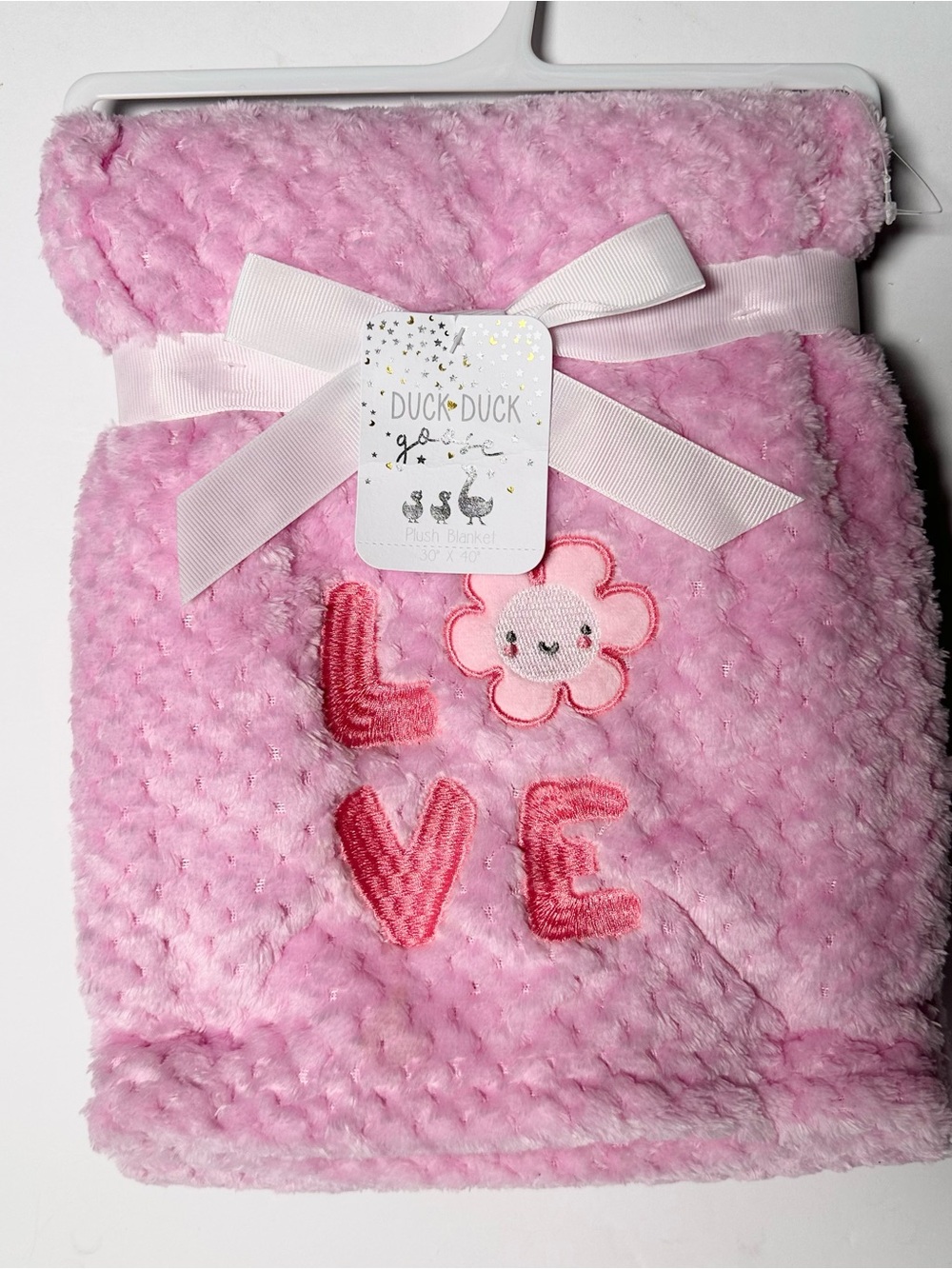 NWT Duck Duck Goose Pink Waffled Soft Baby Girl Blanket-Embroidered Flower Love